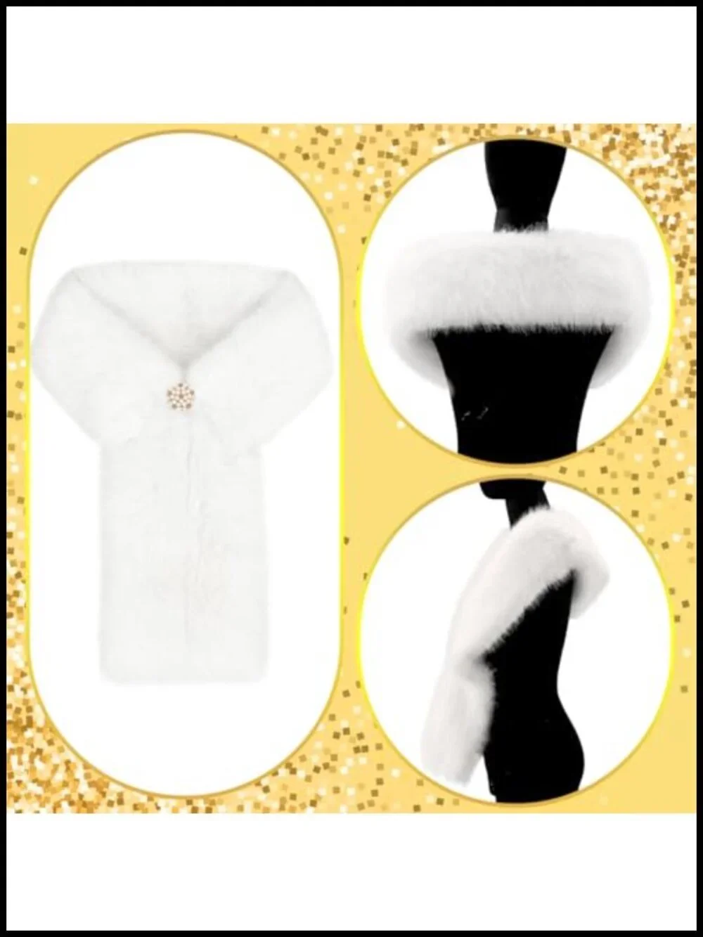 Faux Fur Collar Scarf Wrap Women Long Shawl w/ 2 Brooches Wedding